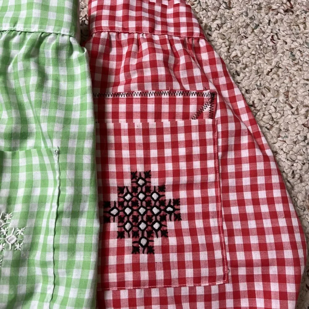 3 VTG Homemade Embroidered 2 Red 1 Green Gingham Check Pleated Aprons Mid Cent